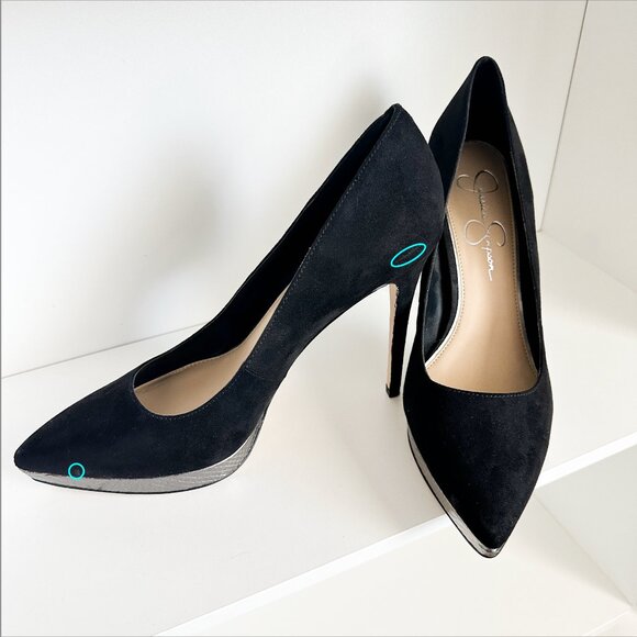 JESSICA SIMPSON Analista Platform Pump, Black Faux Suede with Silver Platform - Picture 6 of 15
